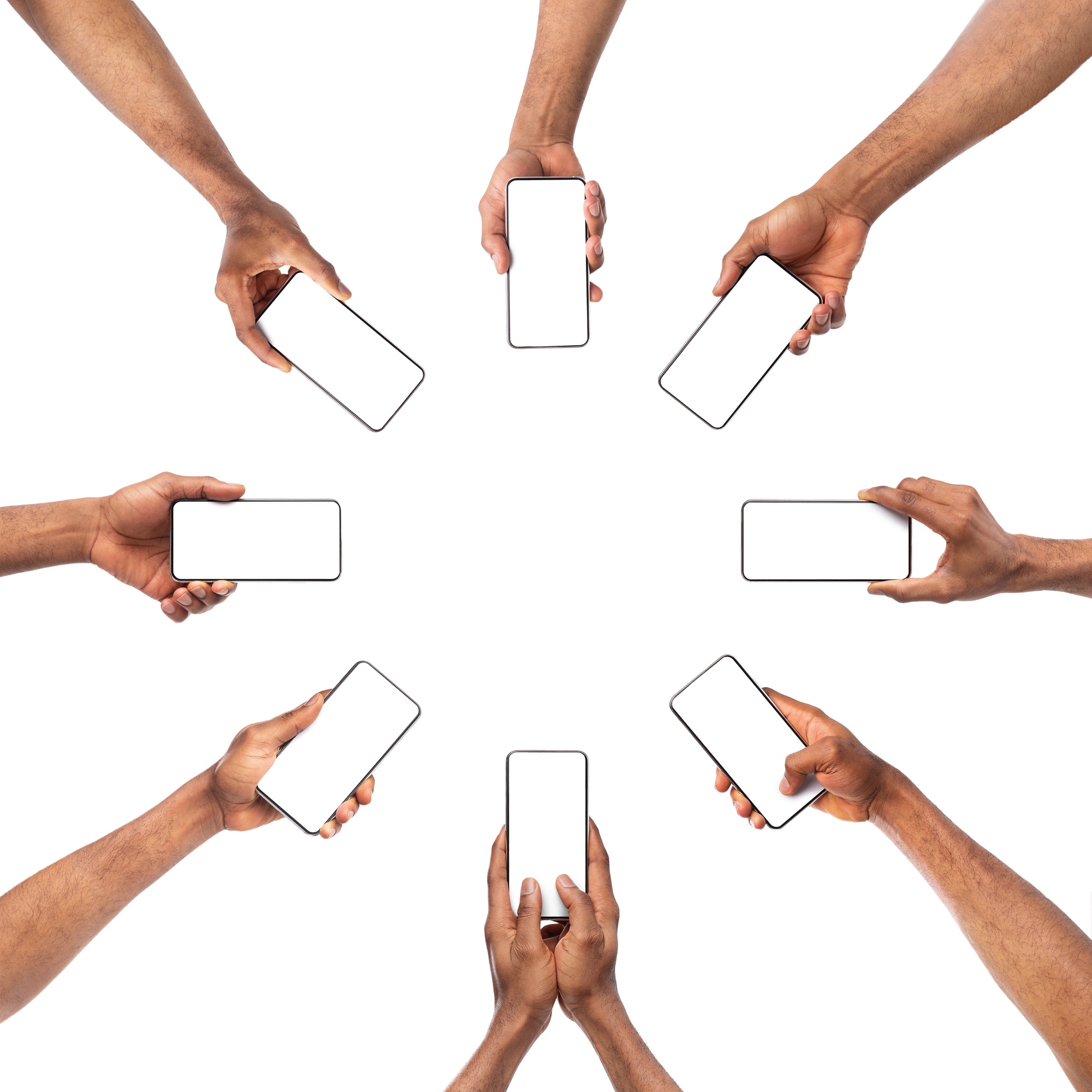 Collection of black male hands holding smartphone with empty screen